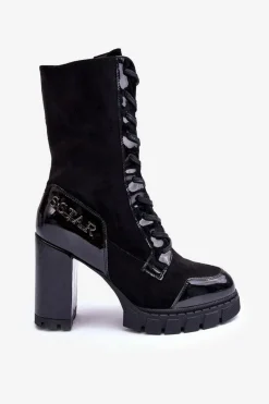 Best Sznurowane Skórzane Botki Na Masywnym Słupku Czarne Khariah Damskie Botki Ocieplane|Botki Na Słupku