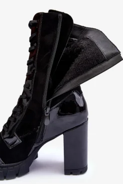 Best Sznurowane Skórzane Botki Na Masywnym Słupku Czarne Khariah Damskie Botki Ocieplane|Botki Na Słupku