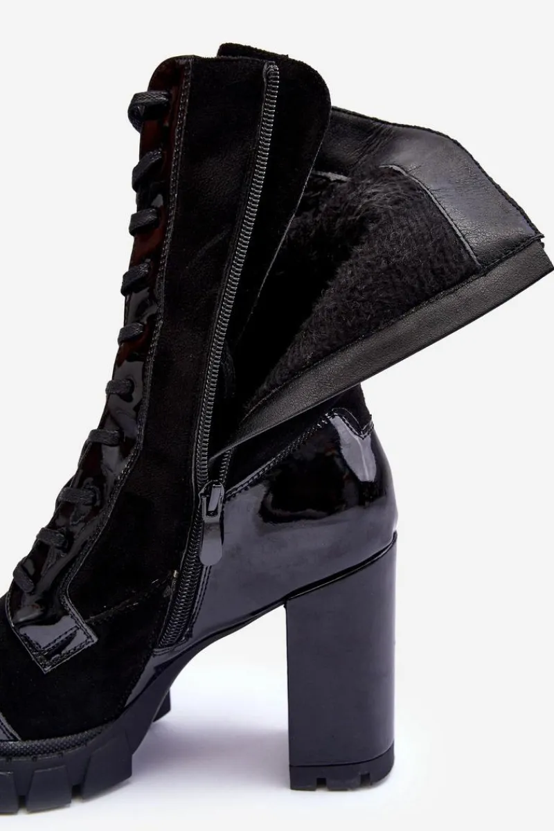 Best Sznurowane Skórzane Botki Na Masywnym Słupku Czarne Khariah Damskie Botki Ocieplane|Botki Na Słupku