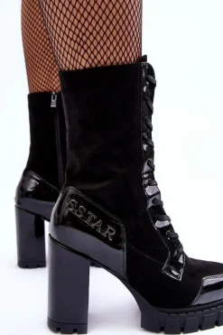 Best Sznurowane Skórzane Botki Na Masywnym Słupku Czarne Khariah Damskie Botki Ocieplane|Botki Na Słupku