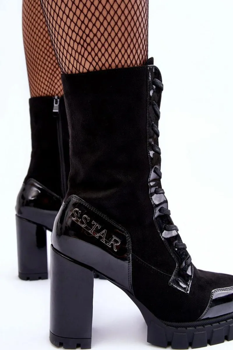 Best Sznurowane Skórzane Botki Na Masywnym Słupku Czarne Khariah Damskie Botki Ocieplane|Botki Na Słupku