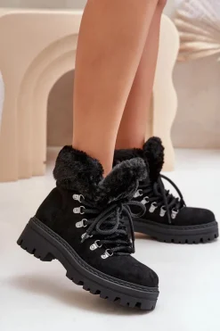 Best Boto Sznurowane Trapery Damskie Z Futerkiem Czarne Vaminia Czarny
