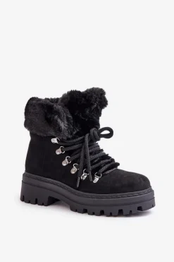 Best Boto Sznurowane Trapery Damskie Z Futerkiem Czarne Vaminia Czarny