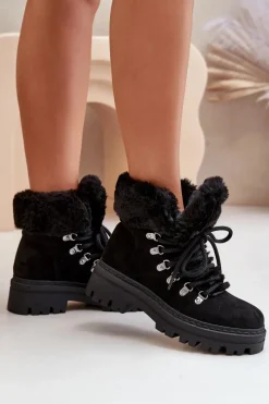 Best Boto Sznurowane Trapery Damskie Z Futerkiem Czarne Vaminia Czarny