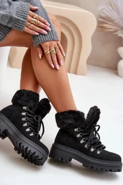 Best Boto Sznurowane Trapery Damskie Z Futerkiem Czarne Vaminia Czarny