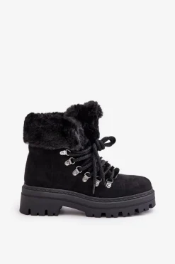 Best Boto Sznurowane Trapery Damskie Z Futerkiem Czarne Vaminia Czarny