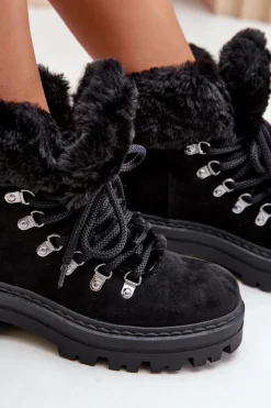 Best Boto Sznurowane Trapery Damskie Z Futerkiem Czarne Vaminia Czarny