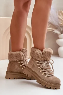 Discount Sznurowane Trapery Damskie Z Futerkiem Ciemnobeżowe Vaminia Damskie Botki Ocieplane|Damskie Trapery