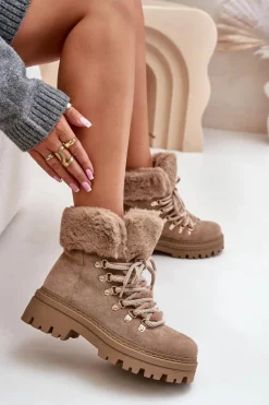 Discount Sznurowane Trapery Damskie Z Futerkiem Ciemnobeżowe Vaminia Damskie Botki Ocieplane|Damskie Trapery