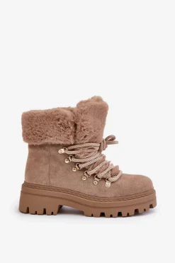 Discount Sznurowane Trapery Damskie Z Futerkiem Ciemnobeżowe Vaminia Damskie Botki Ocieplane|Damskie Trapery