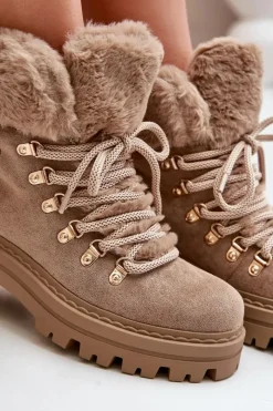 Discount Sznurowane Trapery Damskie Z Futerkiem Ciemnobeżowe Vaminia Damskie Botki Ocieplane|Damskie Trapery