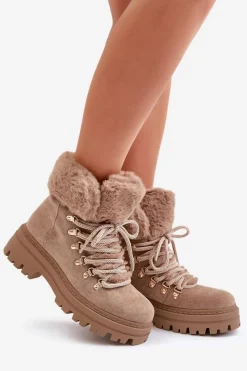 Discount Sznurowane Trapery Damskie Z Futerkiem Ciemnobeżowe Vaminia Damskie Botki Ocieplane|Damskie Trapery