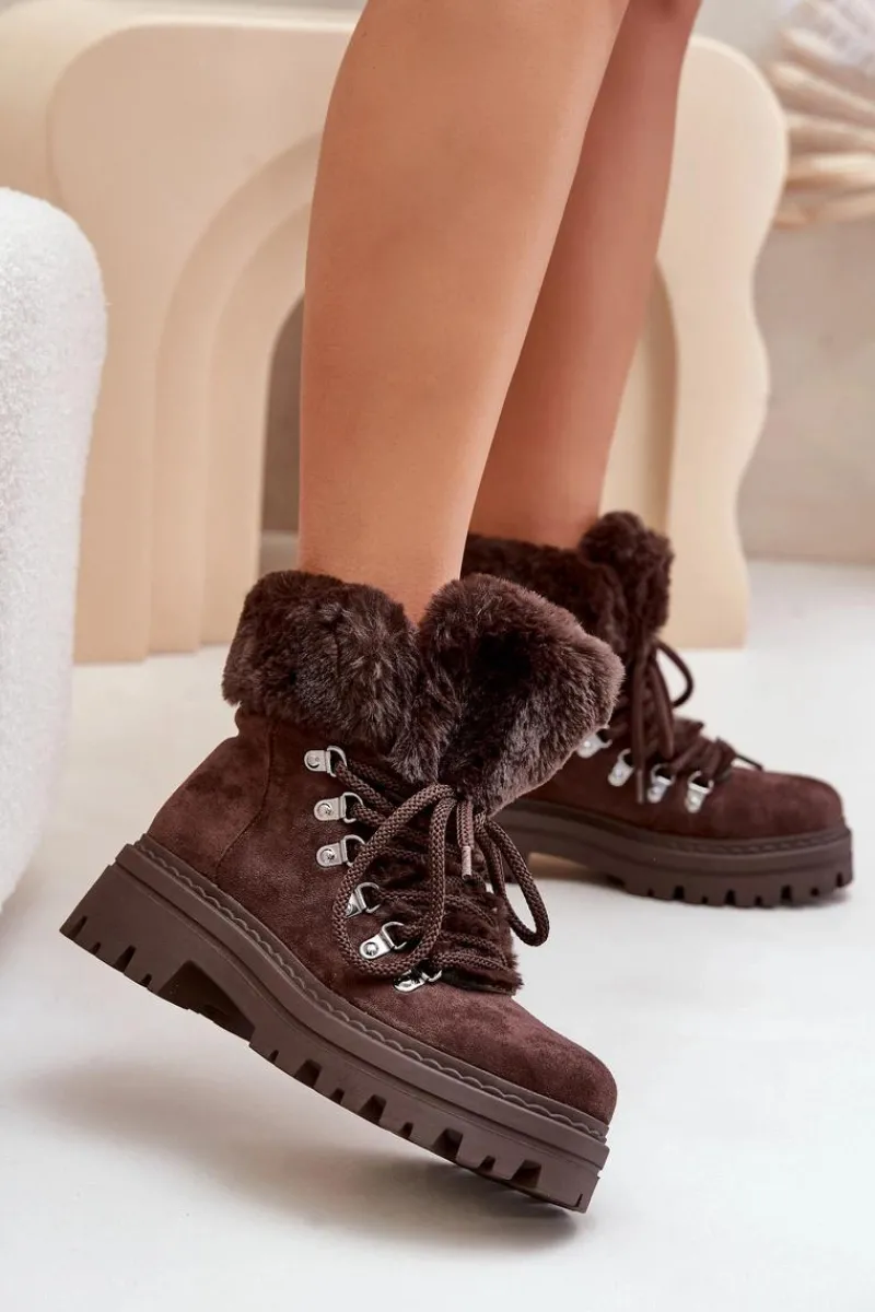 Discount Boto Sznurowane Trapery Damskie Z Futerkiem Ciemnobrązowe Vaminia Brązowy