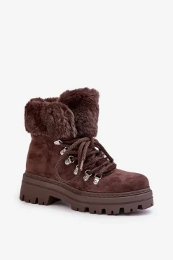 Discount Boto Sznurowane Trapery Damskie Z Futerkiem Ciemnobrązowe Vaminia Brązowy