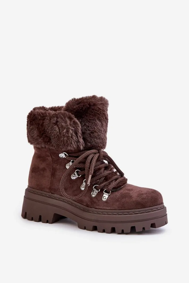 Discount Boto Sznurowane Trapery Damskie Z Futerkiem Ciemnobrązowe Vaminia Brązowy