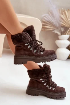 Discount Boto Sznurowane Trapery Damskie Z Futerkiem Ciemnobrązowe Vaminia Brązowy