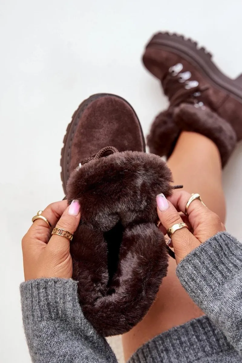 Discount Boto Sznurowane Trapery Damskie Z Futerkiem Ciemnobrązowe Vaminia Brązowy