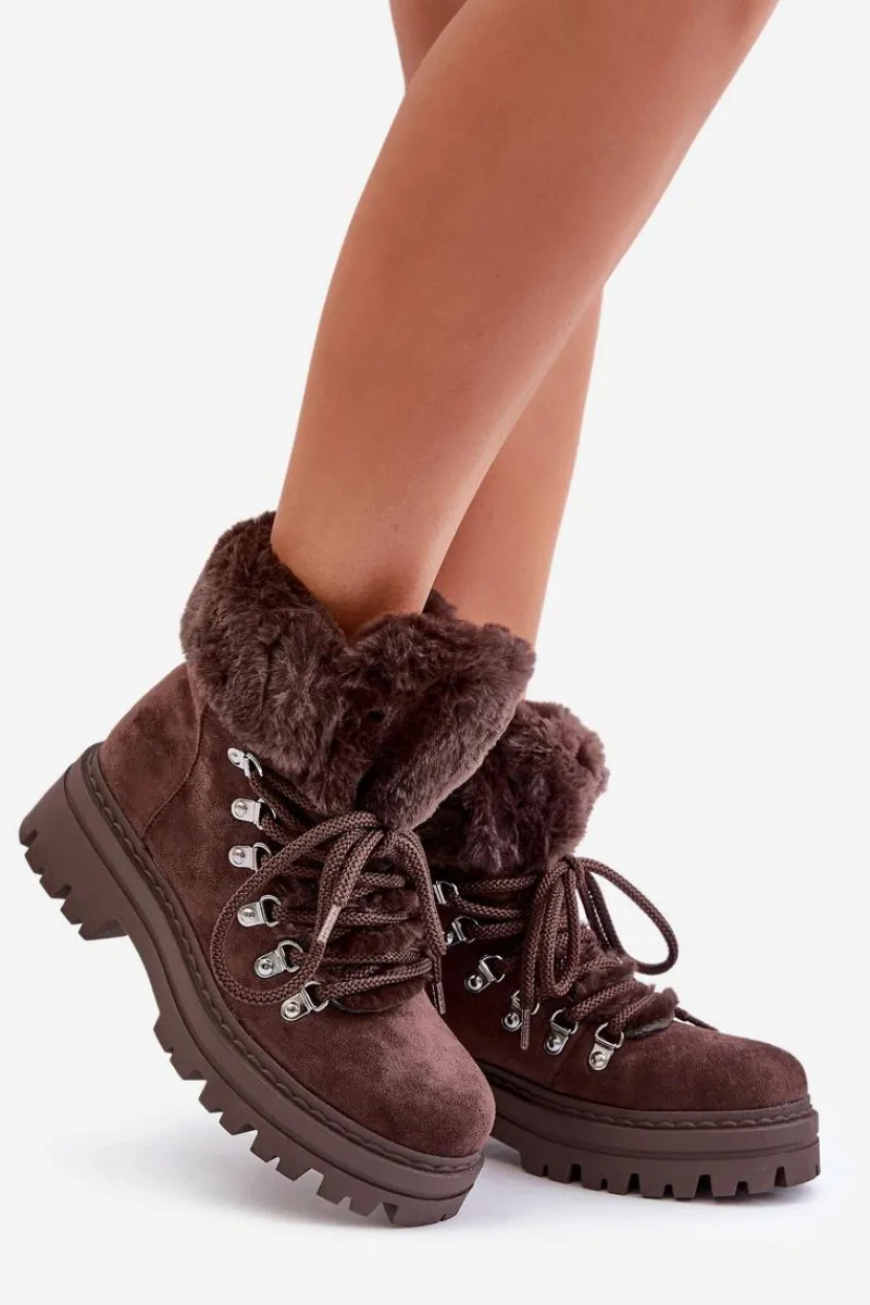 Discount Boto Sznurowane Trapery Damskie Z Futerkiem Ciemnobrązowe Vaminia Brązowy