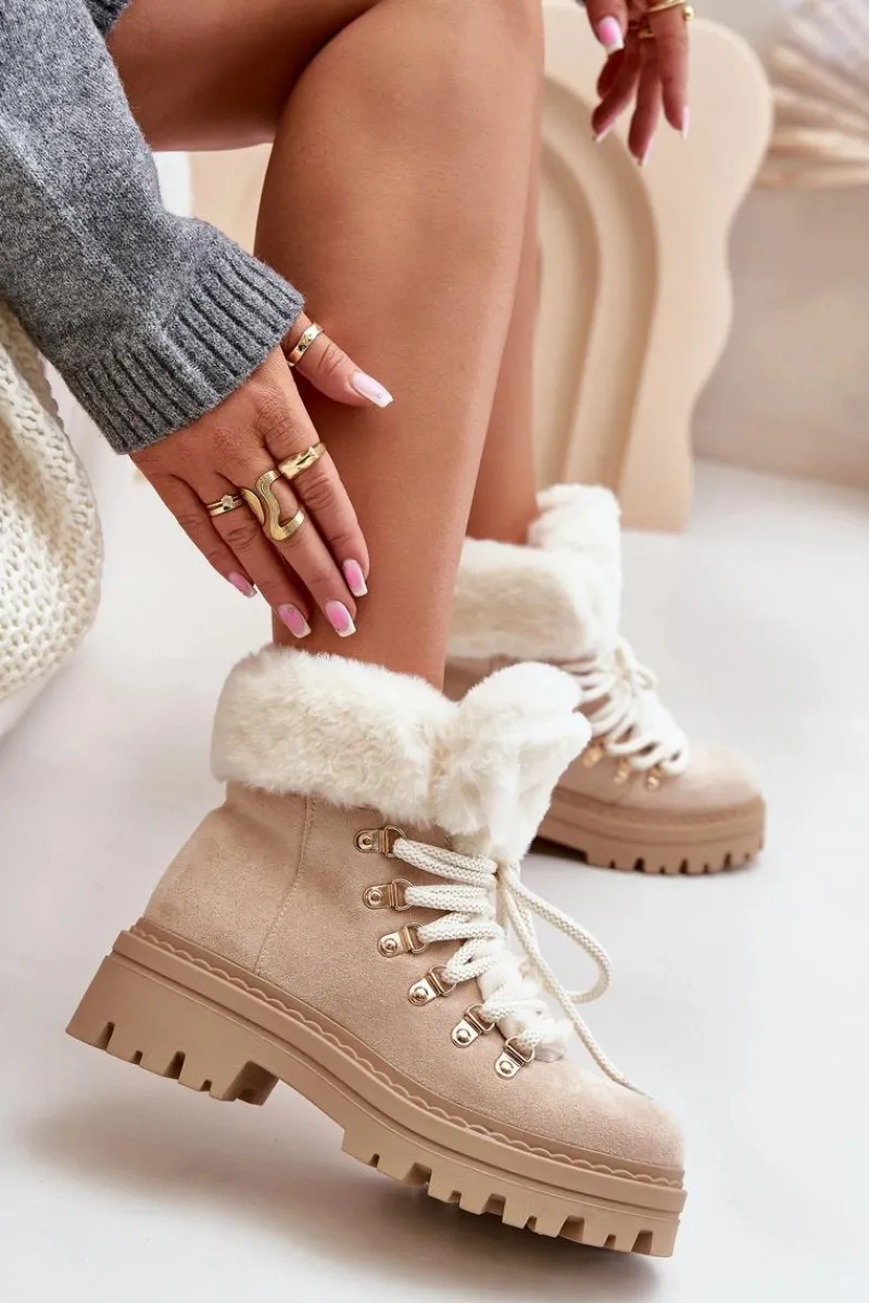 Botki Ocieplane|Damskie Trapery>Boto Sznurowane Trapery Damskie Z Futerkiem Jasnobeżowe Vaminia
