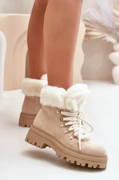 Botki Ocieplane|Damskie Trapery>Boto Sznurowane Trapery Damskie Z Futerkiem Jasnobeżowe Vaminia