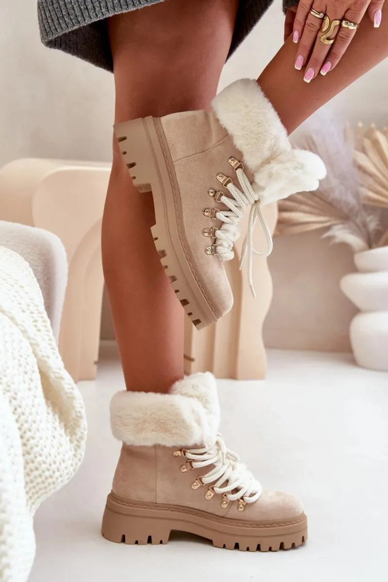 Botki Ocieplane|Damskie Trapery>Boto Sznurowane Trapery Damskie Z Futerkiem Jasnobeżowe Vaminia