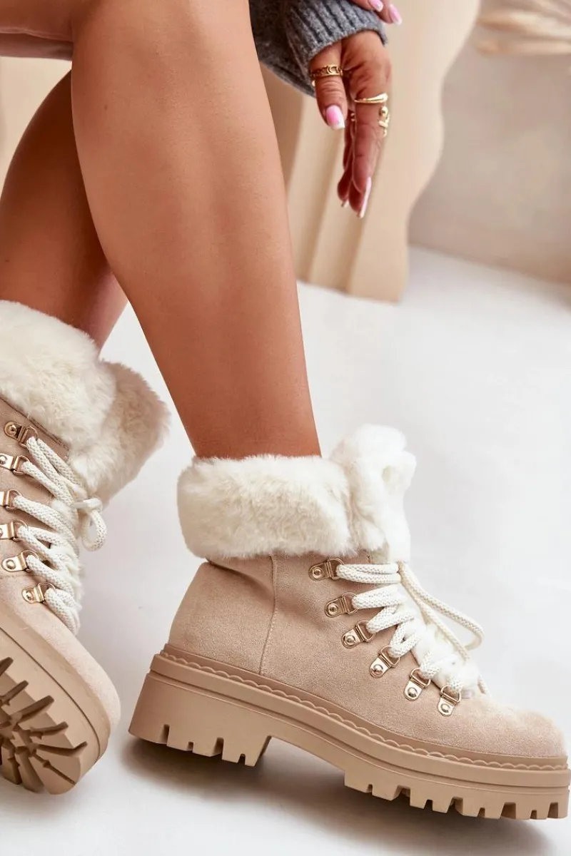 Botki Ocieplane|Damskie Trapery>Boto Sznurowane Trapery Damskie Z Futerkiem Jasnobeżowe Vaminia