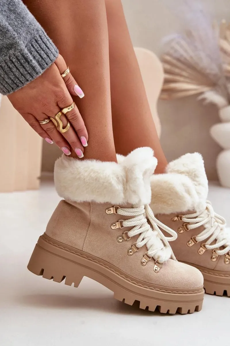 Botki Ocieplane|Damskie Trapery>Boto Sznurowane Trapery Damskie Z Futerkiem Jasnobeżowe Vaminia