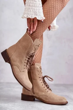 Clearance Boto Sznurowane Zamszowe Botki Z Ozdobą Nicole 2750 Beżowe