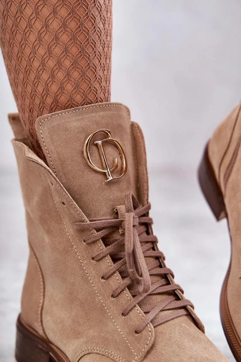 Clearance Boto Sznurowane Zamszowe Botki Z Ozdobą Nicole 2750 Beżowe