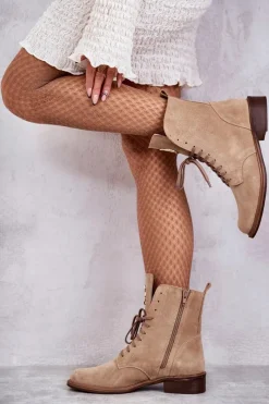 Clearance Boto Sznurowane Zamszowe Botki Z Ozdobą Nicole 2750 Beżowe