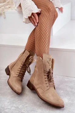 Clearance Boto Sznurowane Zamszowe Botki Z Ozdobą Nicole 2750 Beżowe