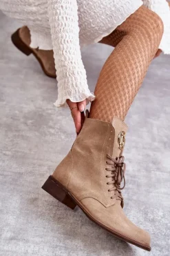 Clearance Boto Sznurowane Zamszowe Botki Z Ozdobą Nicole 2750 Beżowe