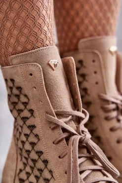 Outlet Boto Sznurowane Zamszowe Botki Nicole 2751 Beżowe