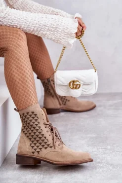 Outlet Boto Sznurowane Zamszowe Botki Nicole 2751 Beżowe