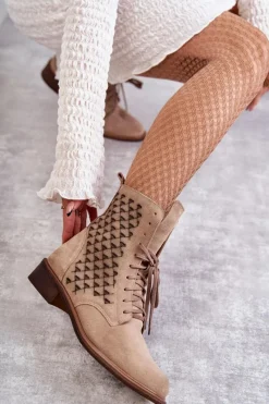 Outlet Boto Sznurowane Zamszowe Botki Nicole 2751 Beżowe