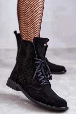 New Sznurowane Zamszowe Botki Nicole 2751 Czarne Damskie Botki Wiosenne|Botki Sznurowane