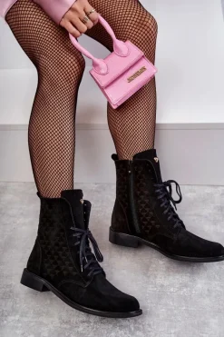 New Sznurowane Zamszowe Botki Nicole 2751 Czarne Damskie Botki Wiosenne|Botki Sznurowane