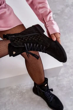 New Sznurowane Zamszowe Botki Nicole 2751 Czarne Damskie Botki Wiosenne|Botki Sznurowane