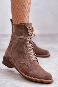Sznurowane Zamszowe Botki Z Ozdobą Nicole 2750 Brązowe Damskie Botki Wiosenne|Botki Skórzane