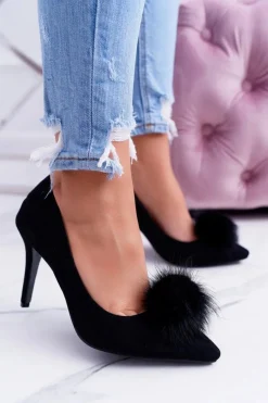 Best Szpilki damskie Czarne Zamszowe Lu Boo Pompon Damskie Szpilki Zamszowe