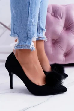 Best Szpilki damskie Czarne Zamszowe Lu Boo Pompon Damskie Szpilki Zamszowe