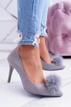 Szpilki Zamszowe>Boto Szpilki damskie Szare Zamszowe Lu Boo Pompon