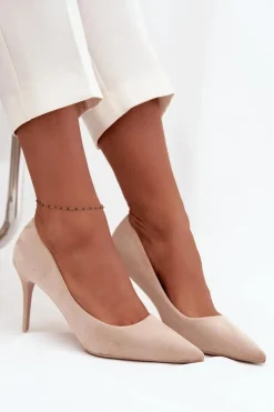 New Boto Szpilki Damskie Z Eko Zamszu Beżowe Elvessa Beżowy