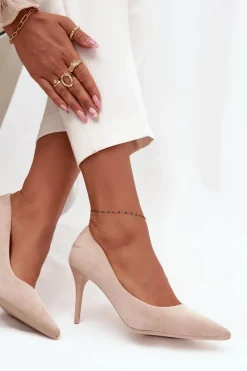 New Boto Szpilki Damskie Z Eko Zamszu Beżowe Elvessa Beżowy