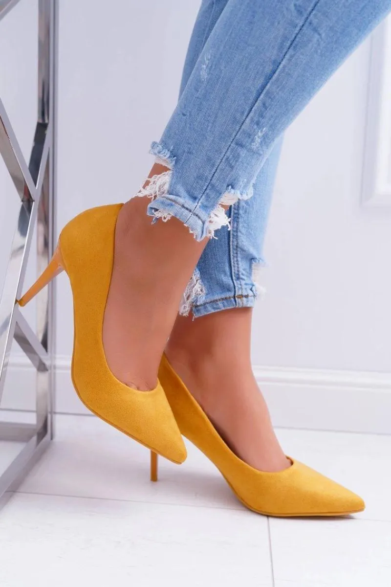 Szpilki Zamszowe>Boto Szpilki Damskie Zamszowe W Szpic Żółte Cream