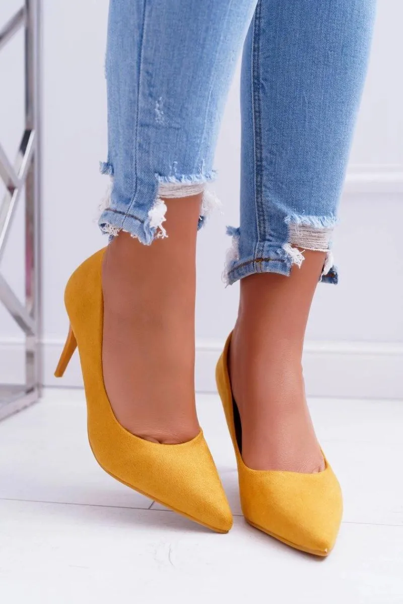 Szpilki Zamszowe>Boto Szpilki Damskie Zamszowe W Szpic Żółte Cream