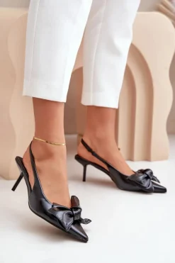 Hot Szpilki Z Kokardą Eko Skórzane Czarne Emirenna Damskie Czółenka Klasyczne