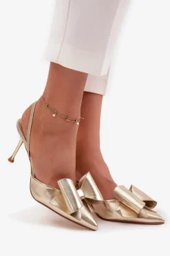 Best Boto Szpilki Z Odkrytymi Piętami I Kokardką Złote Eklevia Złoty