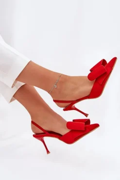 Sale Boto Szpilki Z Odkrytymi Piętami I Kokardką Czerwone Eklevia
