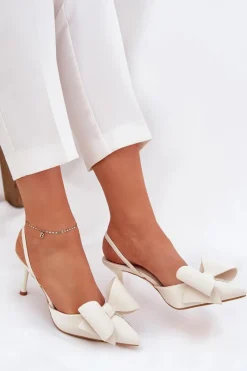 New Szpilki Z Odkrytymi Piętami I Kokardką Ecru Eklevia Damskie Czółenka Klasyczne